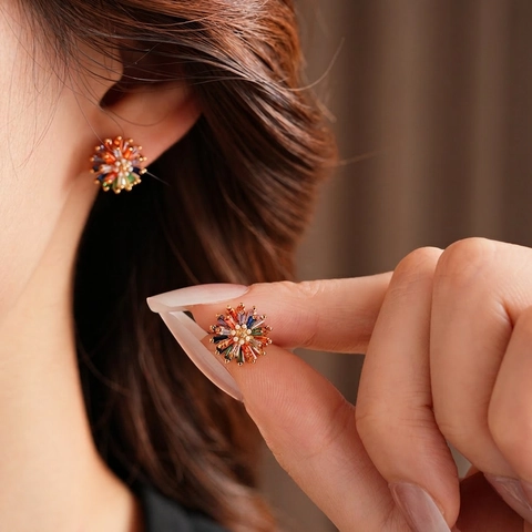 Orecchini A Lobo A Fiore Con Zirconi Colorati Perno In Argento Base In Rame Gioielli Di Moda Per Donne