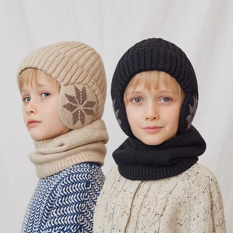 Bonnet Tricoté Pour Enfants Tour De Cou Écharpe Gants Tactiles Hiver Chaud Doublé Polaire Protection Oreilles Motif Flocon Enfants