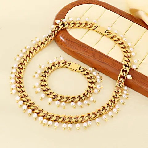 Collana E Bracciale Maglia Cubana Tono Oro E Argento Acciaio Inossidabile Perla Artificial Simulata Hip Hop Retro Punk Donne