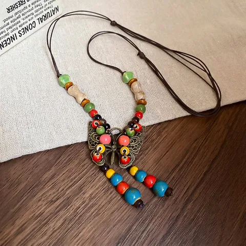 Collier Pendentif Papillon Perles Céramique Colorées Alliage Rétro Style Bohème Ethnique Fait Main Pour Femmes