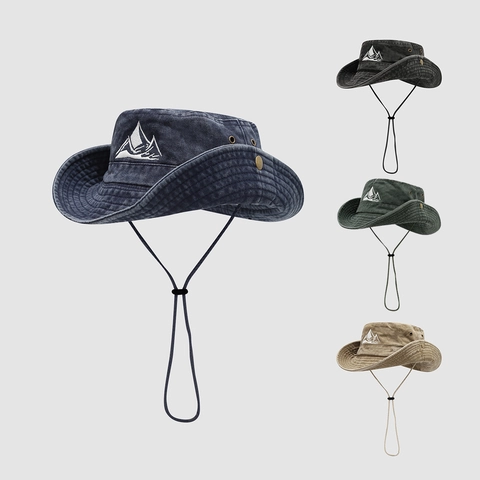 Cappello Da Pescatore Ricamo Montagna Cotone Lavato Protezione Solare Outdoor Cappello Boonie Con Corda Antivento Trekking