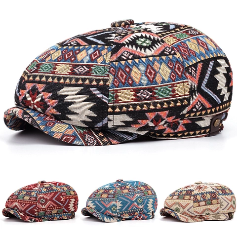 Women's Vintage Bohemian Newsboy Cap Geometric Jacquard Octagonal Hat With Leather Trim Ethnic Style Cotton Blend Retro Beret