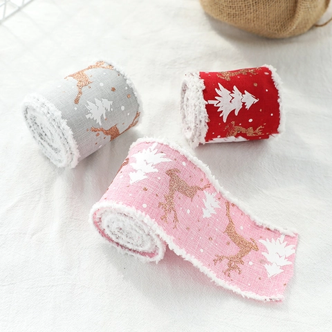 Cinta De Navidad Patrón Reno Árbol Borde Felpa Tela Efecto Lino Para Envolver Regalos Decoración DIY