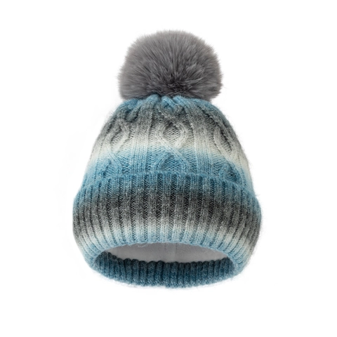 Winter Warm Knit Hat Women Men Gradient Color Thick Fleece Lined Beanie With Artificial Fur Pom Pom Soft Acrylic Cap