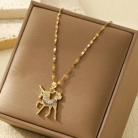 Moda Acciaio Inossidabile Rame Zirconia Collana con Ciondolo per Donna Placcato Oro Stella Luna Unicorno Farfalla Gioielli