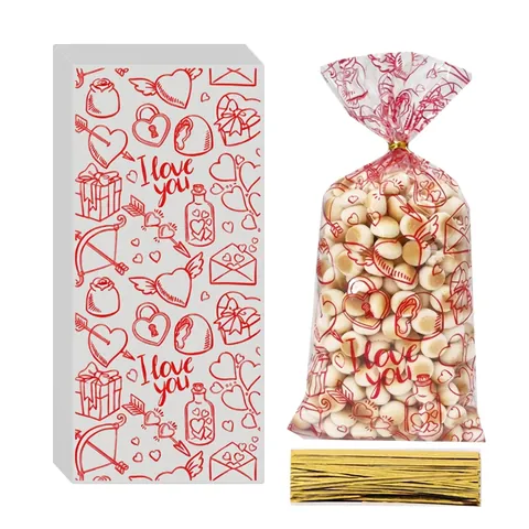 Valentine Day Heart Candy Gift Bags OPP Plastic Clear Cellophane Snack Packaging For Holiday Party With Golden Twist Ties