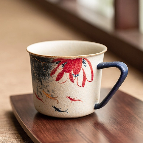 Ceramic Coffee Mug Hand-painted Lotus Carp Gold Rimmed Retro Stoneware Water Cup For Home Office Oriental Art Style