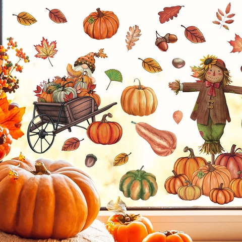 Thanksgiving Fall Window Stickers Static Cling PVC Pumpkin Maple Leaf Turkey Scarecrow Autumn Harvest Festival Decor Home
