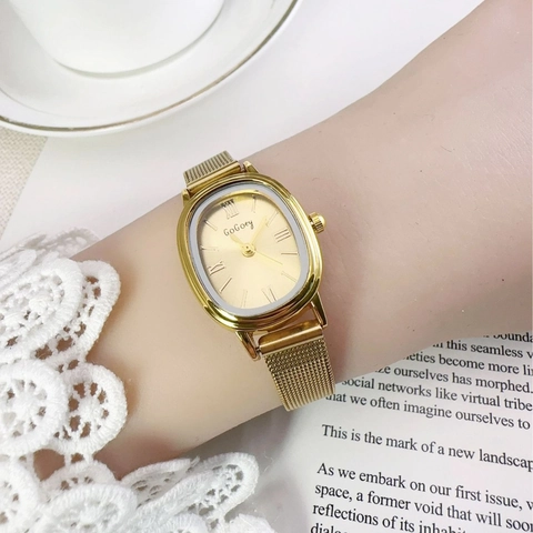 Women Quartz Watch Vintage Elegant Oval Dial Stainless Steel Mesh Band Roman Numerals Analog Casual Wristwatch Gift