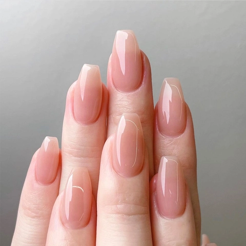 Press On Nails French Gradient Nude Pink Rhinestone Glitter Long Trapezoid Almond Shape Acrylic DIY Manicure For Women