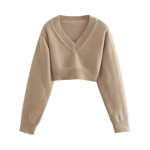 Jersey De Punto Corto Con Cuello En V Para Mujer Manga Larga Poliéster Pullover Acanalado Color Sólido Elegante Estilo Francés