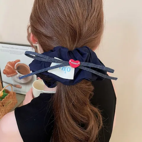 Stoff Haargummi Mit Jeans Schleife Und Rotem Herzanhänger Elastisches Haarband Süßer Koreanischer Stil Kopfschmuck Für Damen Mädchen