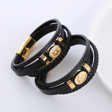 Herren Mehrreihiges Geflochtenes Lederarmband Mit 304 Edelstahl Totenkopf Stern Anhänger Retro Punk Hip Hop Schmuck