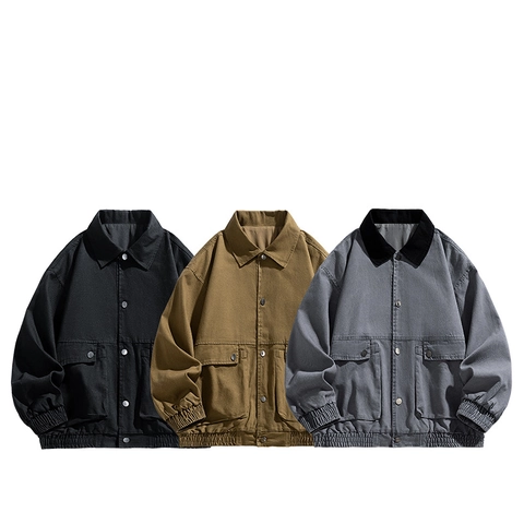 Men Workwear Jacket Cotton Coat Japanese Vintage Loose Fit Plus Size Turn-Down Collar Snap Buttons Cargo Outerwear