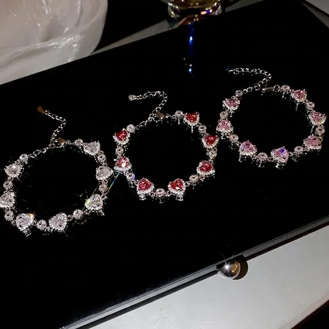 Lussuoso Bracciale In Zircone A Forma Di Cuore Rosa Scintillante Rame Placcato Argento Catena Regolabile Gioielli Eleganti