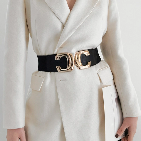 Women Wide Elastic Corset Belt Gold Double C Interlocking Metal Buckle Decorative Waistband For Dresses Suits