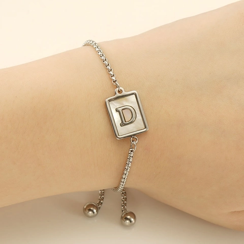 Stainless Steel Letter Bracelet Mother Of Artificial Pearl Square Initial Pendant Adjustable Slider Chain Minimalist Fashion Jewelry