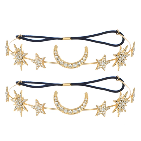 Diadema Barroca Luna Estrella Hexagrama Aleación Diamantes Imitación Oro Cadena Cabeza Mujer Estilo Bohemio Accesorios Pelo Boda