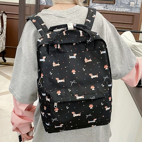 Cartoon Dackel Print Rucksack Nylon Große Kapazität Schultasche Für Schüler Lässiges Süßes Schleifen Design