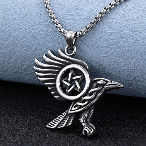 Raven Pentagram Pendant Necklace Stainless Steel Gothic Punk Rock Vintage Viking Style Jewelry For Men