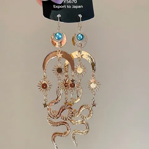 Boucles D Oreilles Bohèmes Serpent Lune Et Soleil En Alliage Avec Faux Künstliche Perle Et Tige En Argent Style Mystique Pour Femmes