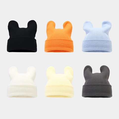 Knitted Beanie Hat With Cute Animal Ears Acrylic Winter Warm Cuffed Skull Cap For Women Kawaii Solid Color Outdoor