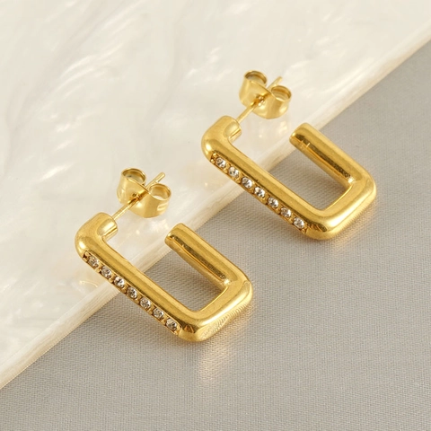 Orecchini A Cerchio Rettangolari In Acciaio Inossidabile Placcato Oro 18K Geometrici Con Zirconi Per Donna Gioielli