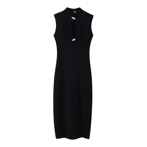 Damen Ärmellos Stehkragen Cutout Bodycon Maxikleid Metallknopf Streetwear Rückenschlitz Sexy Langes Abendkleid Partykleid