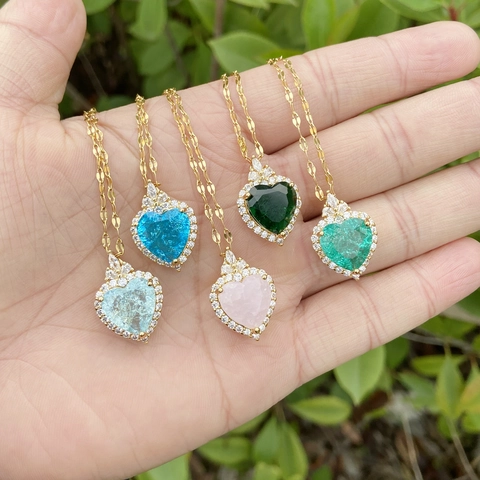 Heart Pendant Necklace Stainless Steel Copper Cubic Zirconia Colorful Stone Fashion Jewelry For Women Trendy