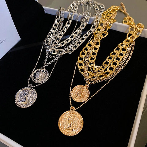 Multi-layered Necklace Alloy Coin Portrait Pendant Retro Punk Chunky Curb Chain Statement Jewelry For Women