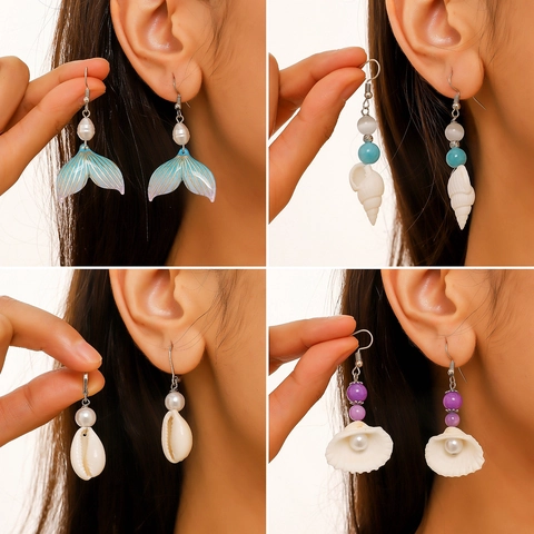 Bohemian Ocean Style Shell Conch Mermaid Tail Drop Earrings For Women Artificial Pearl Alloy Summer Seaside Vacation Jewelry