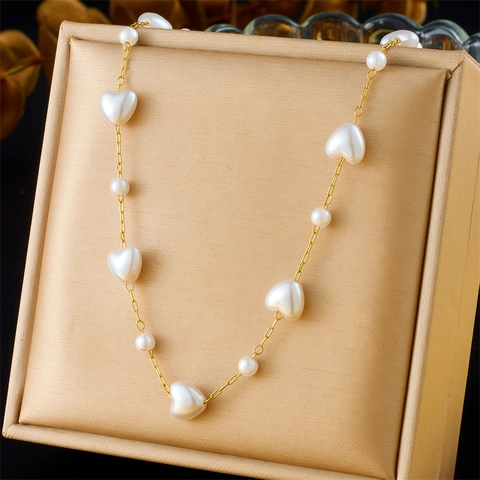 Elegante Collana E Bracciale Con Künstliche Perle Imitazione Cuore Acciaio Inossidabile Catena Placcata Oro Accessorio Vintage Per Donne