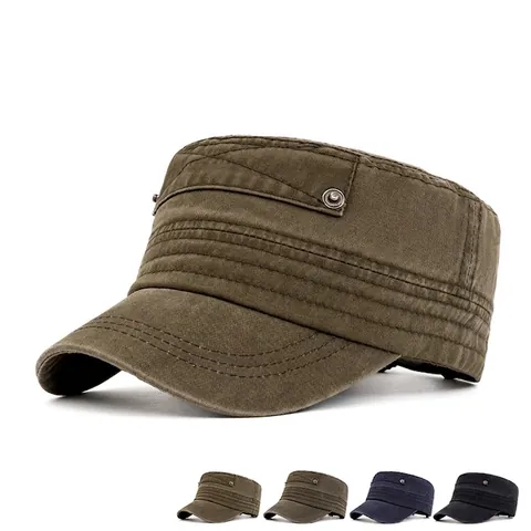 Washed Cotton Cadet Cap Distressed Vintage Flat Top Militaire Hoed Verstelbare Outdoor Zonnescherm Sport Voor Mannen