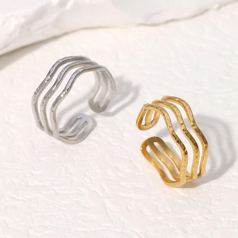 Hammered Stainless Steel Ring 18K Gold Plated Triple Layer Wave Geometric Adjustable Open Band Minimalist Jewelry For Women