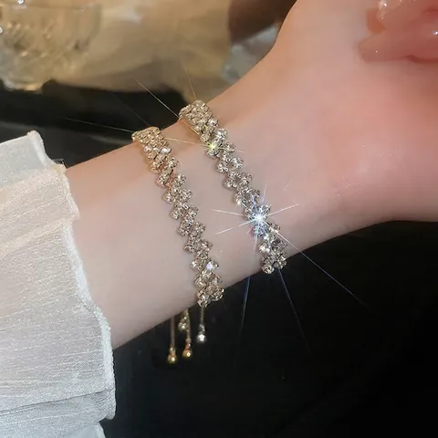 Rhinestone Geometric Drawstring Bracelet Alloy Micro Pave Double Row Adjustable Bolo Jewelry Fashion Gift For Women