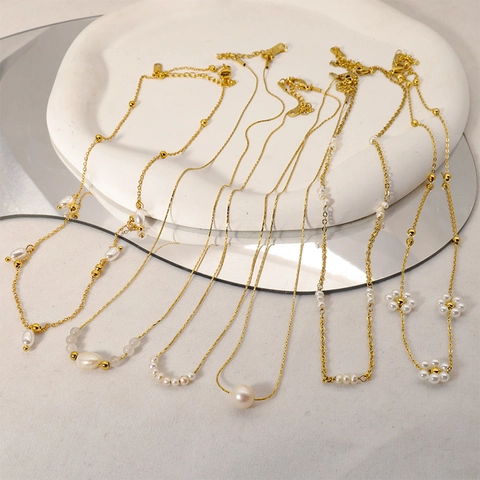 Collar De Perlas Chapado En Oro De 18k De Acero Inoxidable 304 Con Flor Redonda De Moda