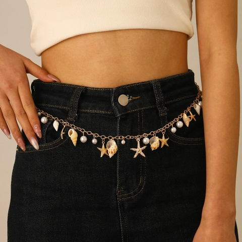 Bohemian Shell Starfish Faux Artificial Pearl Waist Chain For Women Alloy Butterfly Heart Metal Body Jewelry Summer Beach Vacation Accesssory