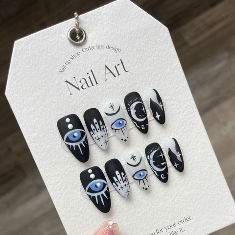 Unghie Press On Gotiche Mistiche Fatte A Mano Opache Nero Bianco Occhio Luna Stelle Mandorla Lunga Per Donna Stile Punk