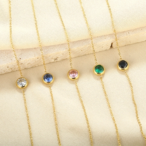 Round Colorful Cubic Zirconia Bracelet Stainless Steel 18K Gold Plated Minimalist Bezel Set Adjustable Jewelry For Women