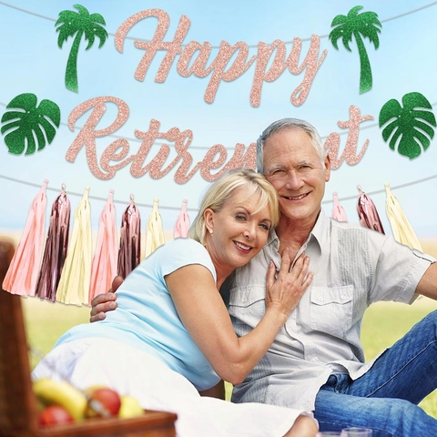 Happy Retirement Banner Roségold Glitzer Papier Palmen Monstera Blätter PVC Quasten Girlande Sommer Tropische Dekor