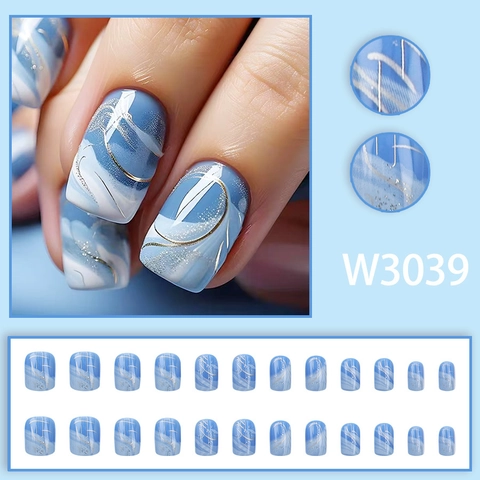 Press On Nails Light Blue White Marble Gradient Gold Lines Glitter Short Square False Nail Tips For Women Elegant Manicure