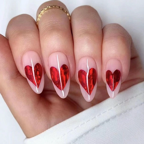 Press On Nägel Mandelform Nude Pink Mit Roten Herzmustern Valentinstag Romantischer Stil Künstliche Fingernägel