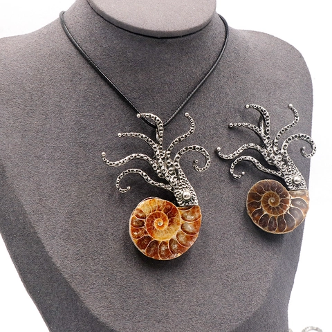 Broche Colgante de Pulpo Vintage Doble Uso Concha Natural Fósil de Amonita Aleación Tono Plata Joyería de Criatura Marina