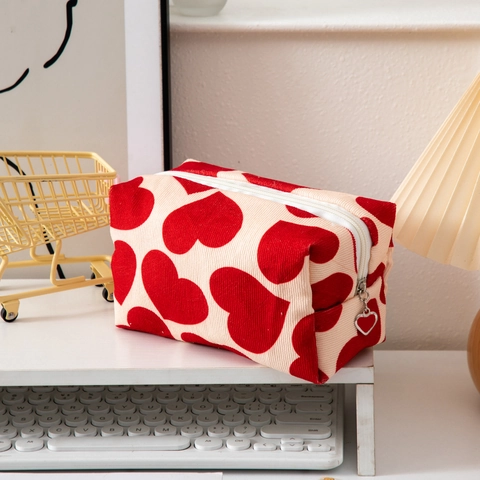 Bolsa De Maquillaje De Pana Con Estampado De Corazón Neceser De Viaje Gran Capacidad Cremallera Dulce Portátil