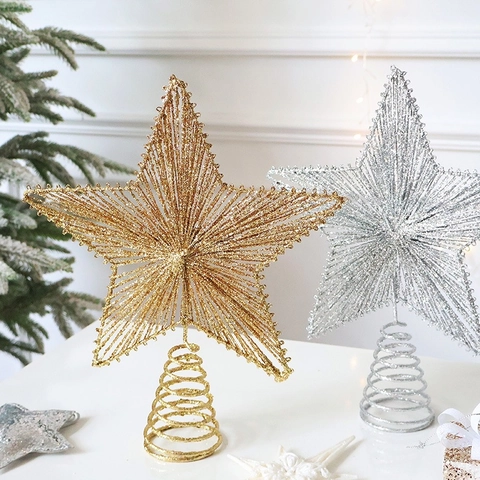 Christmas Tree Topper Star Bow Glitter Iron Sequin LED Glowing Ornament Holiday Party Home Decor Festive Elegant Luxury