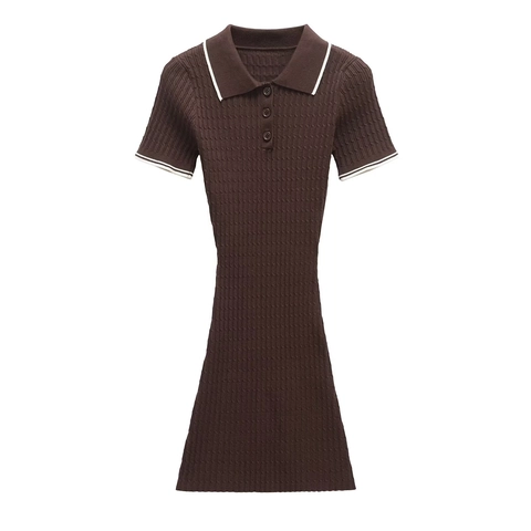 Kurzarm Polo Strick Minikleid Zopfstrick Kontrastbesatz Schmal Geschnitten Knopfleiste Lässig Elegant Damen