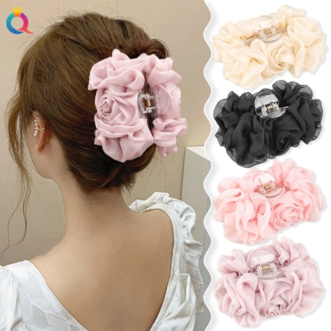 Large Hair Claw Clip Chiffon Organza Bow Rose Flower Shape Elegant Handmade Fabric Hairpins For Women Girls