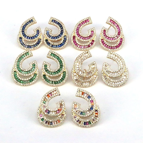 Geometric Zirconia Double Layer Copper Stud Earrings For Women Fashion Gold Zirconia Inlaid Elegant Jewelry Accessories
