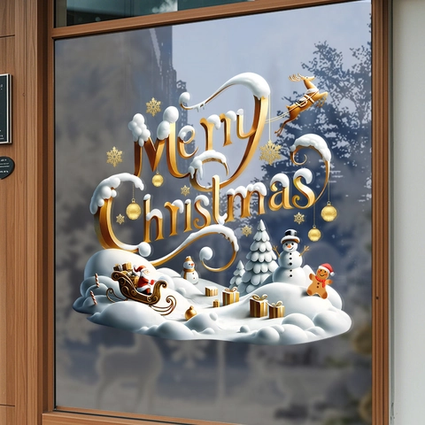 3D Gold Christmas Window Stickers Static Cling PVC Snowflake Santa Reindeer Decals For Glass Holiday Party Home Decor