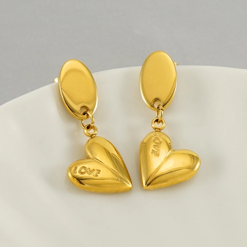 Heart Dangle Earrings 18K Gold Plated Stainless Steel Love Engraved Vintage Fashion Jewelry For Women Elegant Gift